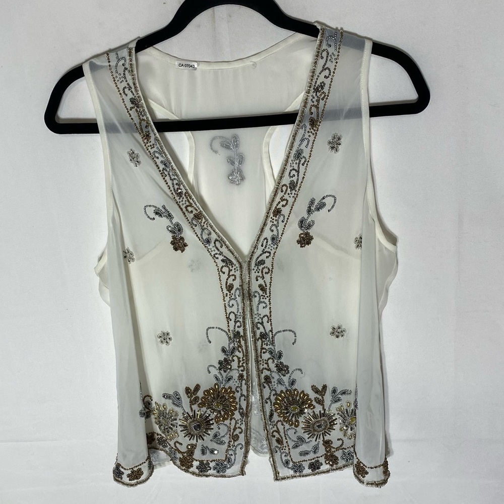 Vintage White Sheer Vest With Intricate Metallic Beading S Boho Whimsigoth Fairy